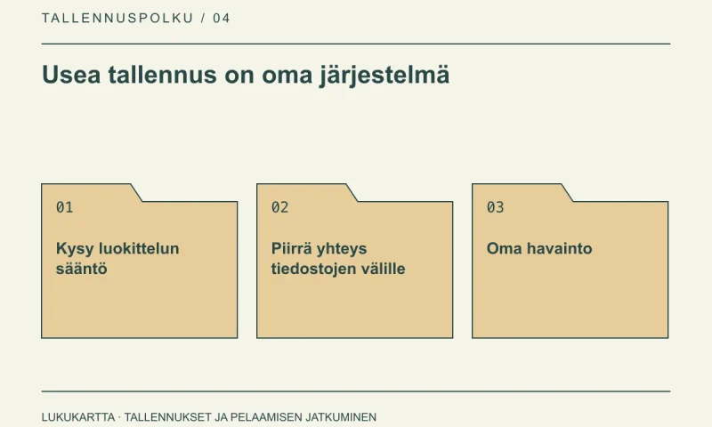 Lukukartta: Usea tallennus on oma järjestelmä. Kysy luokittelun sääntö, Piirrä yhteys tiedostojen välille, Oma havainto.