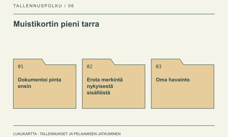 Lukukartta: Muistikortin pieni tarra. Dokumentoi pinta ensin, Erota merkintä nykyisestä sisällöstä, Oma havainto.