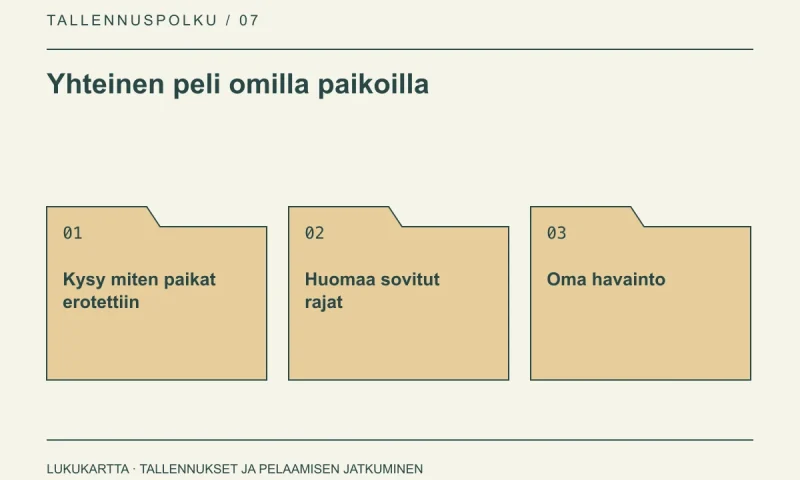 Lukukartta: Yhteinen peli omilla paikoilla. Kysy miten paikat erotettiin, Huomaa sovitut rajat, Oma havainto.