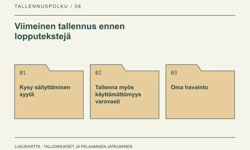 Lukukartta: Viimeinen tallennus ennen lopputekstejä. Kysy säilyttämisen syytä, Tallenna myös käyttämättömyys varovasti, Oma havainto.